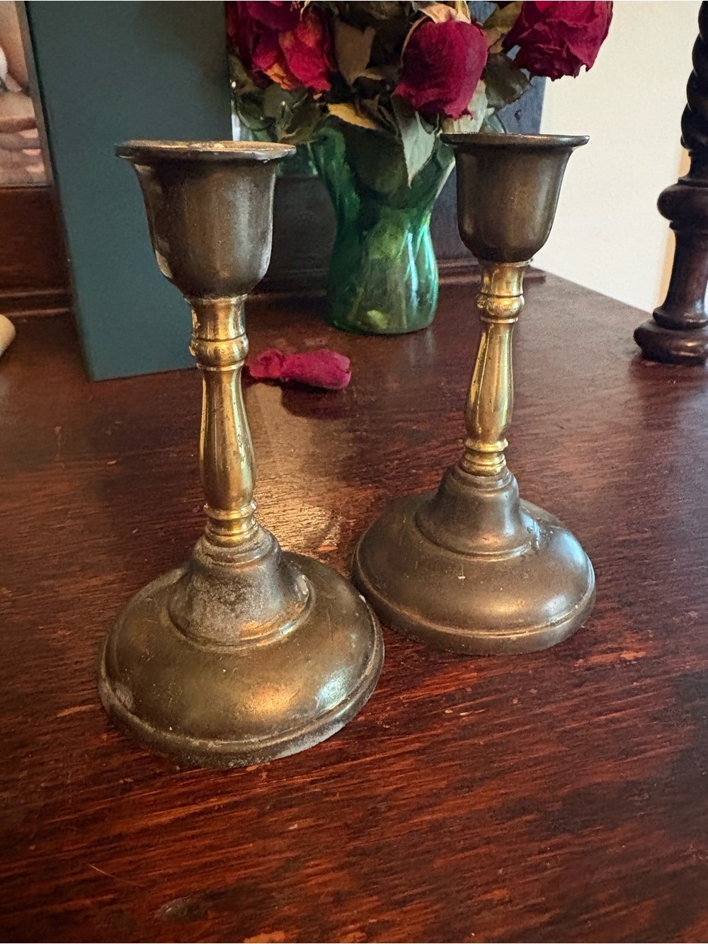 Antique-Style Brass Candlestick Pair in Aged Brass